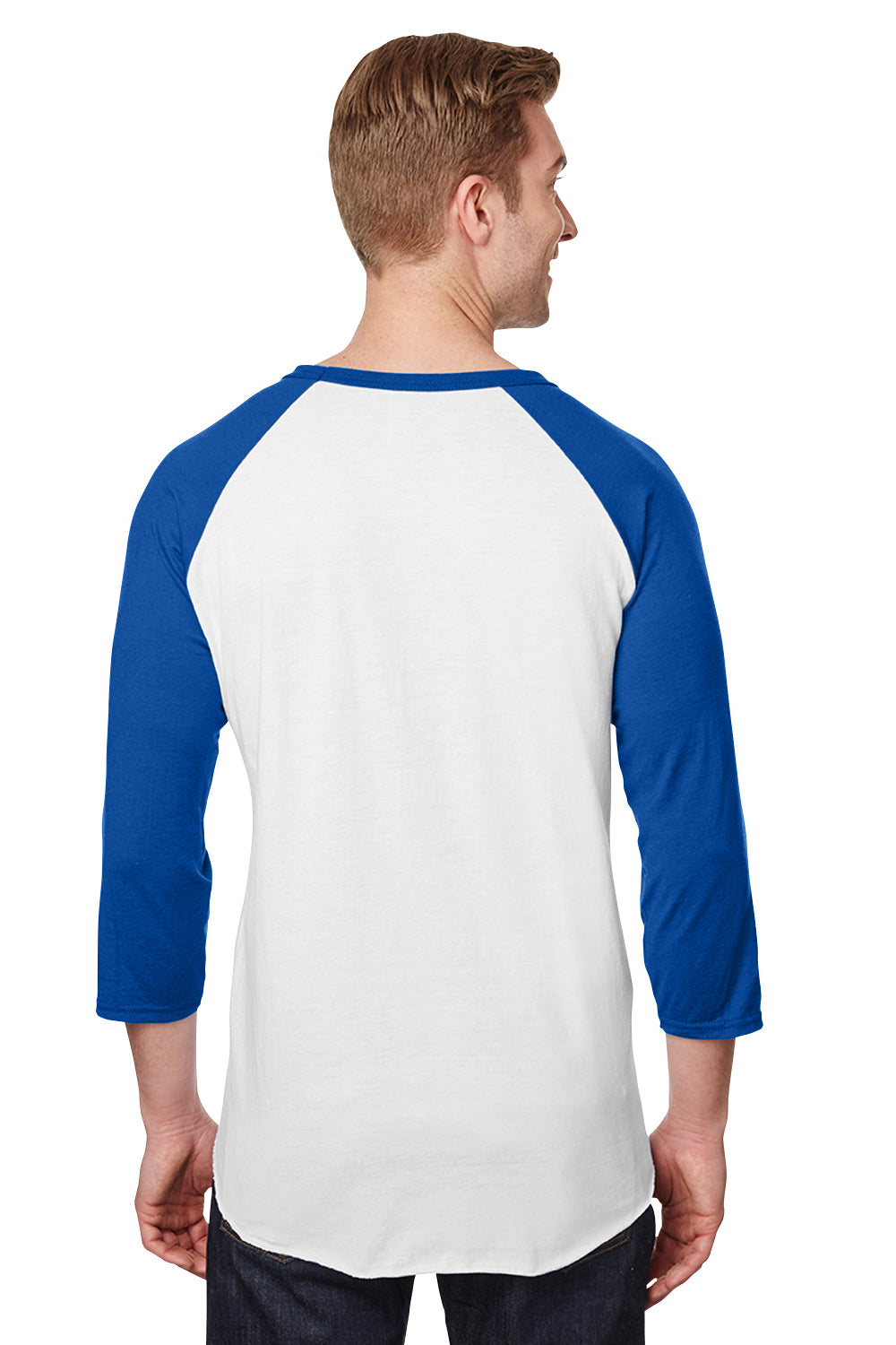 Jerzees 560RR Mens Premium Blend Baseball Moisture Wicking 3/4 Sleeve Crewneck T-Shirt White/Royal Blue Model Back