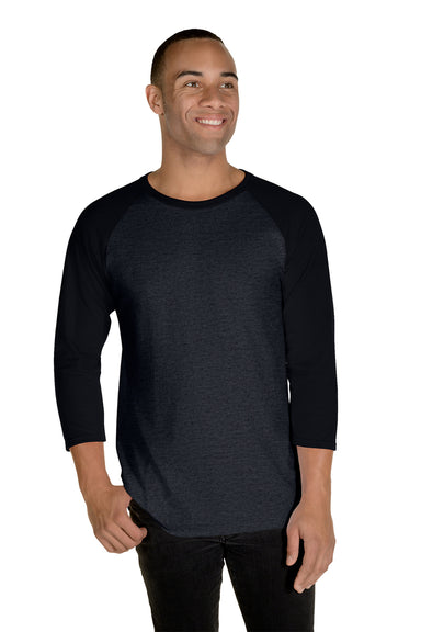 Jerzees 560RR Mens Premium Blend Baseball Moisture Wicking 3/4 Sleeve Crewneck T-Shirt Heather Black/Black Model Front