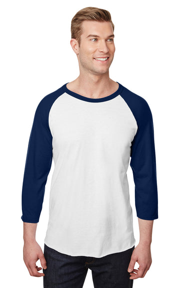 Jerzees 560RR Mens Premium Blend Baseball Moisture Wicking 3/4 Sleeve Crewneck T-Shirt White/Navy Blue Model Front