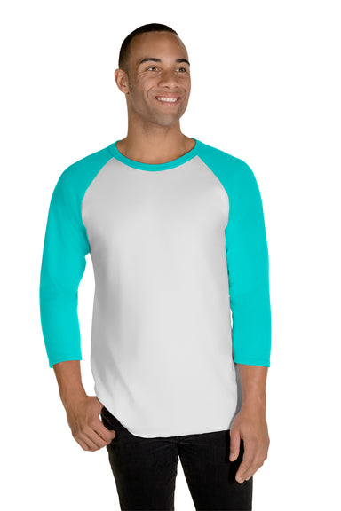 Jerzees 560RR Mens Premium Blend Baseball Moisture Wicking 3/4 Sleeve Crewneck T-Shirt White/Scuba Blue Model Front