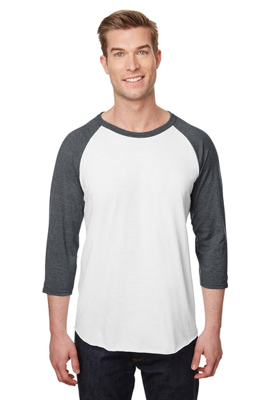 Jerzees 560RR Mens Premium Blend Baseball Moisture Wicking 3/4 Sleeve Crewneck T-Shirt White/Heather Charcoal Grey Model Front