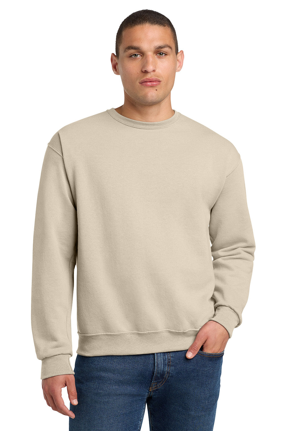 Jerzees 562M/562/562MR Mens NuBlend Fleece Crewneck Sweatshirt Heather Sweet Cream Model Front