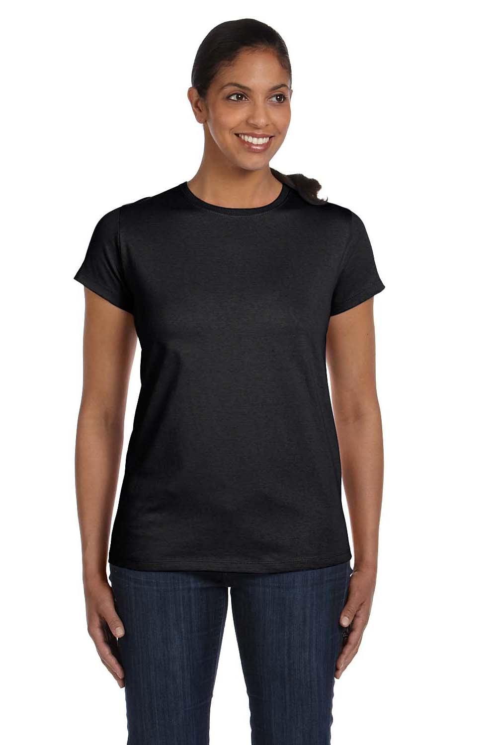 Hanes 5680 Womens ComfortSoft Short Sleeve Crewneck T-Shirt Black Model Front