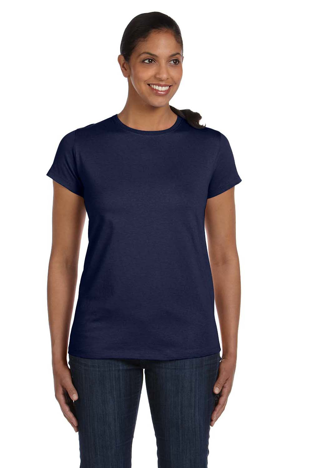 Hanes 5680 Womens ComfortSoft Short Sleeve Crewneck T-Shirt Navy Blue Model Front