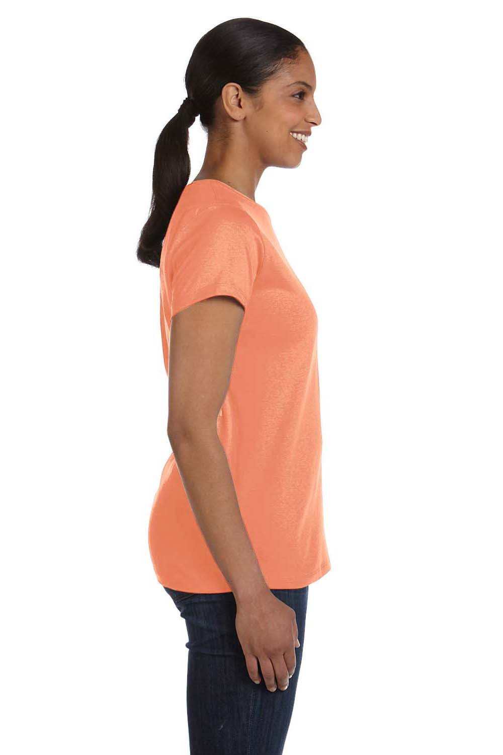 Hanes 5680 Womens ComfortSoft Short Sleeve Crewneck T-Shirt Candy Orange Model Side