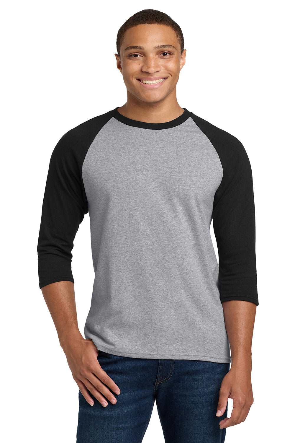 Gildan 5700/G570 Mens 3/4 Sleeve Crewneck T-Shirt Sport Grey/Black Model Front