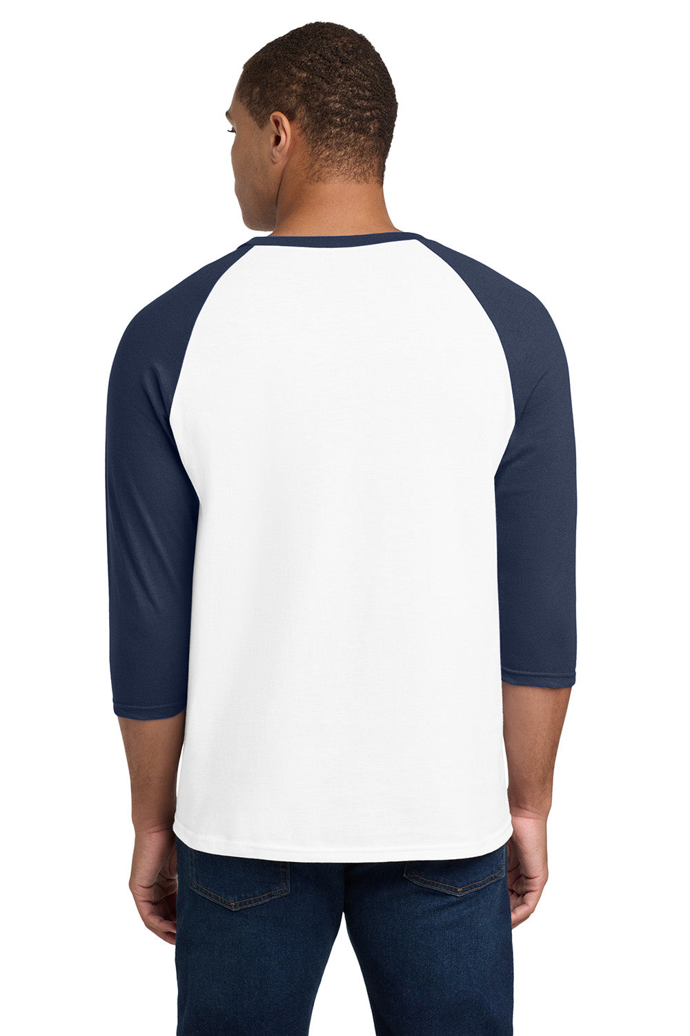 Gildan 5700/G570 Mens 3/4 Sleeve Crewneck T-Shirt White/Navy Blue Model Back