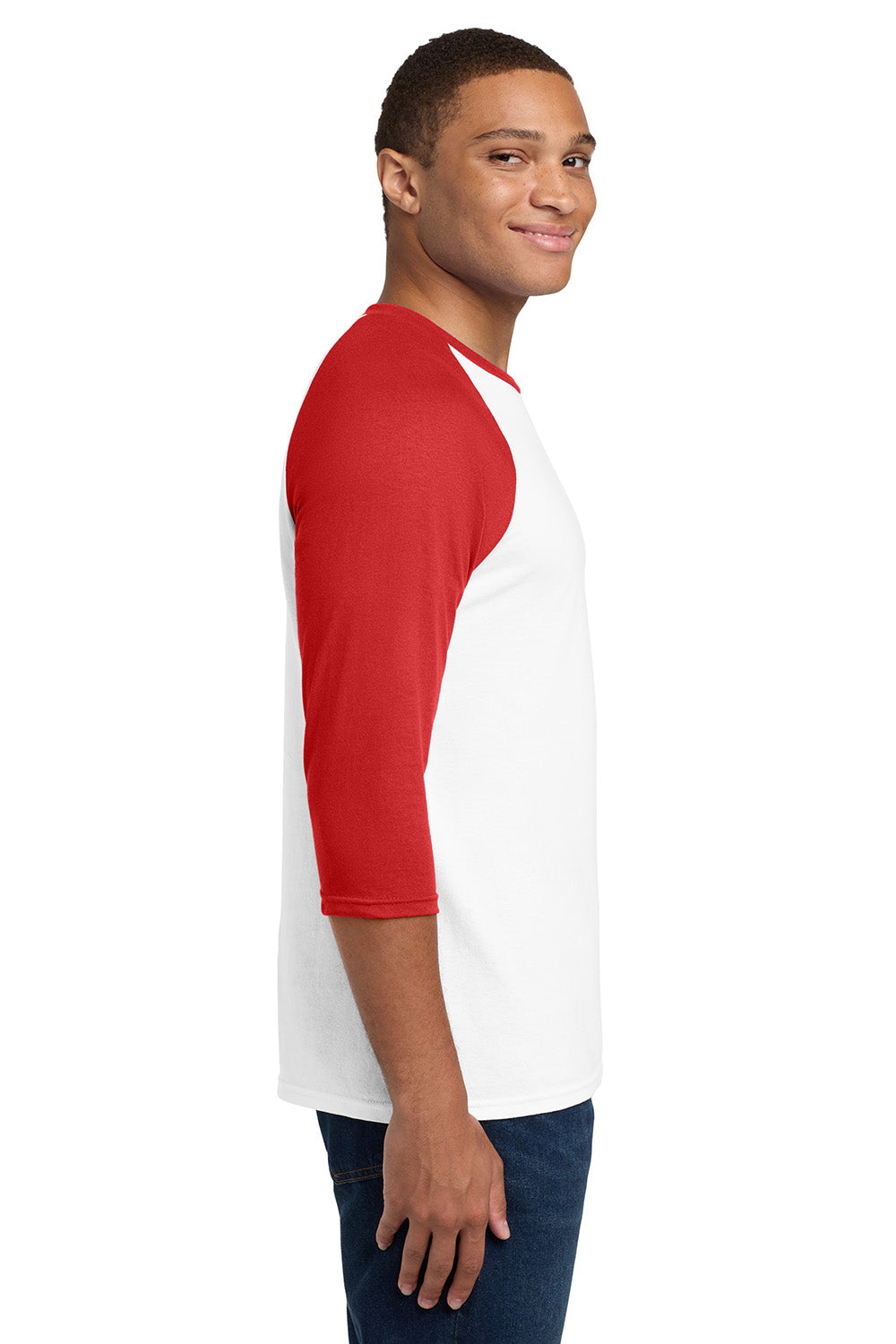 Gildan 5700/G570 Mens 3/4 Sleeve Crewneck T-Shirt White/Red Model Side