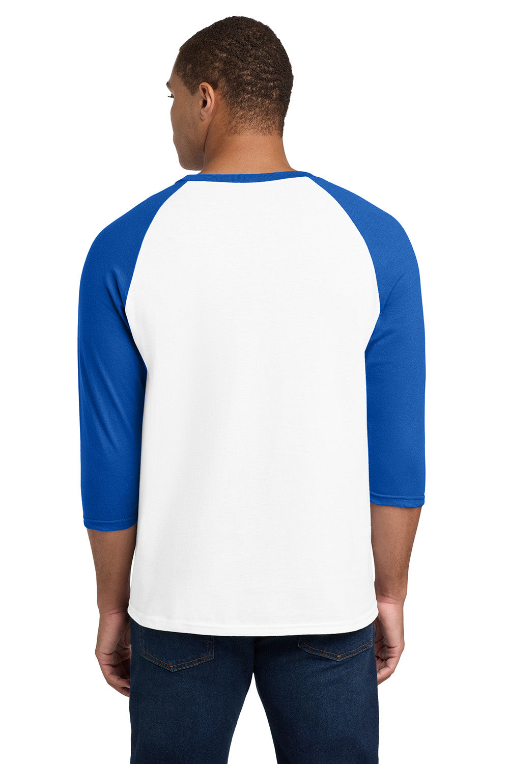 Gildan 5700/G570 Mens 3/4 Sleeve Crewneck T-Shirt White/Royal Blue Model Back