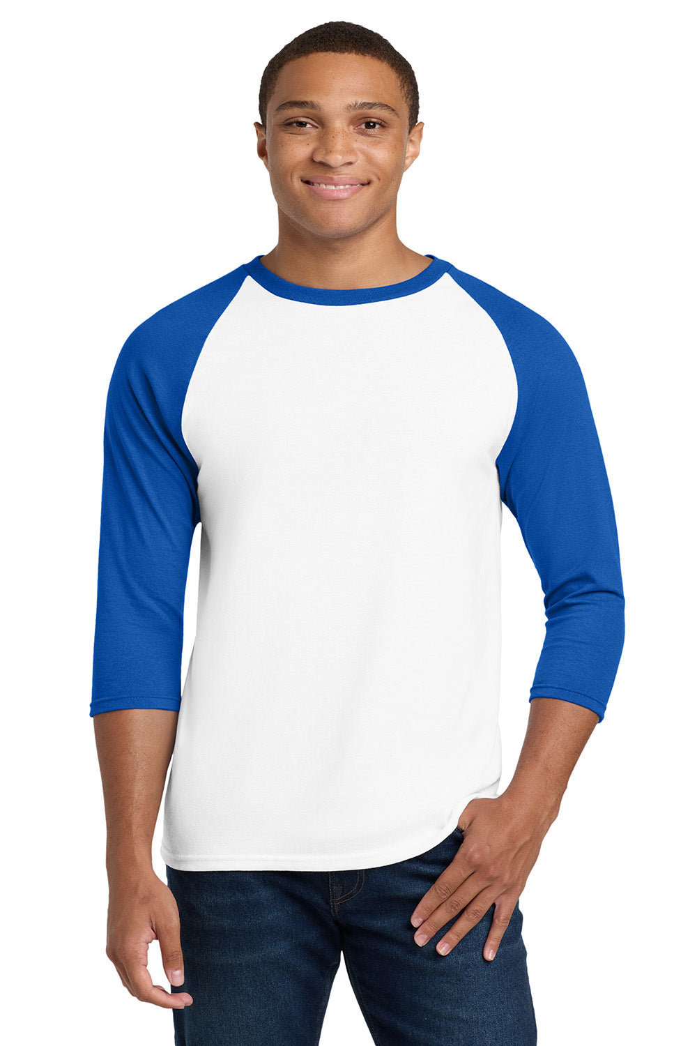 Gildan 5700/G570 Mens 3/4 Sleeve Crewneck T-Shirt White/Royal Blue Model Front