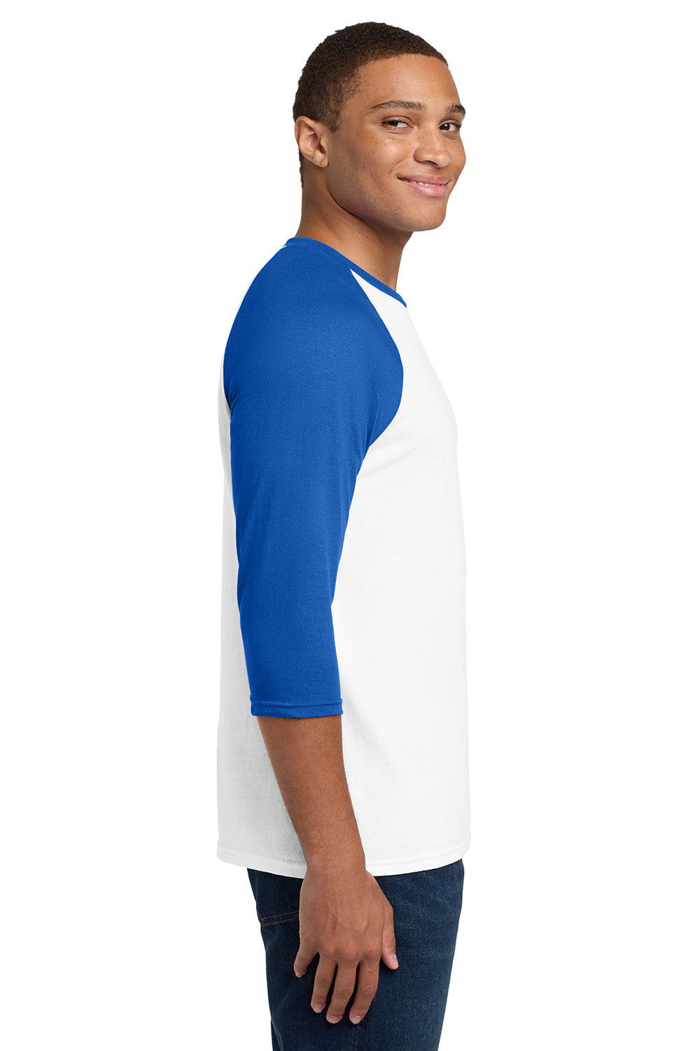 Gildan 5700/G570 Mens 3/4 Sleeve Crewneck T-Shirt White/Royal Blue Model Side