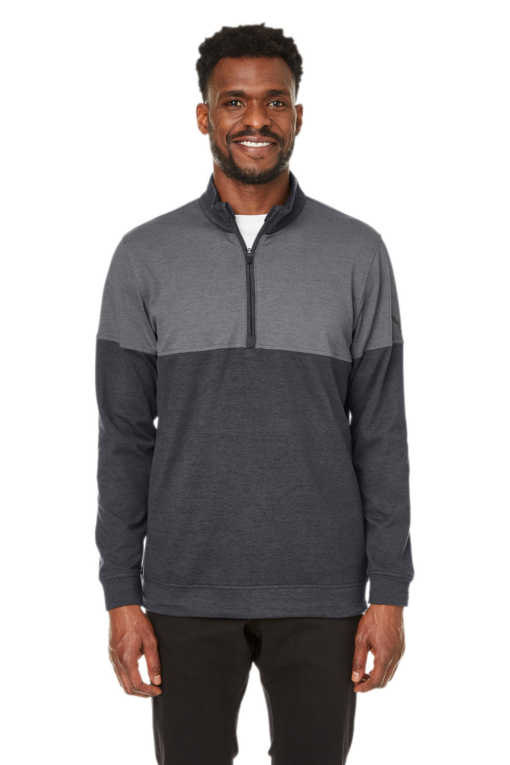 Puma 595803 Mens Cloudspun Moisture Wicking Warm Up 1/4 Zip Sweatshirt Black/Quiet Shade Grey Model Front