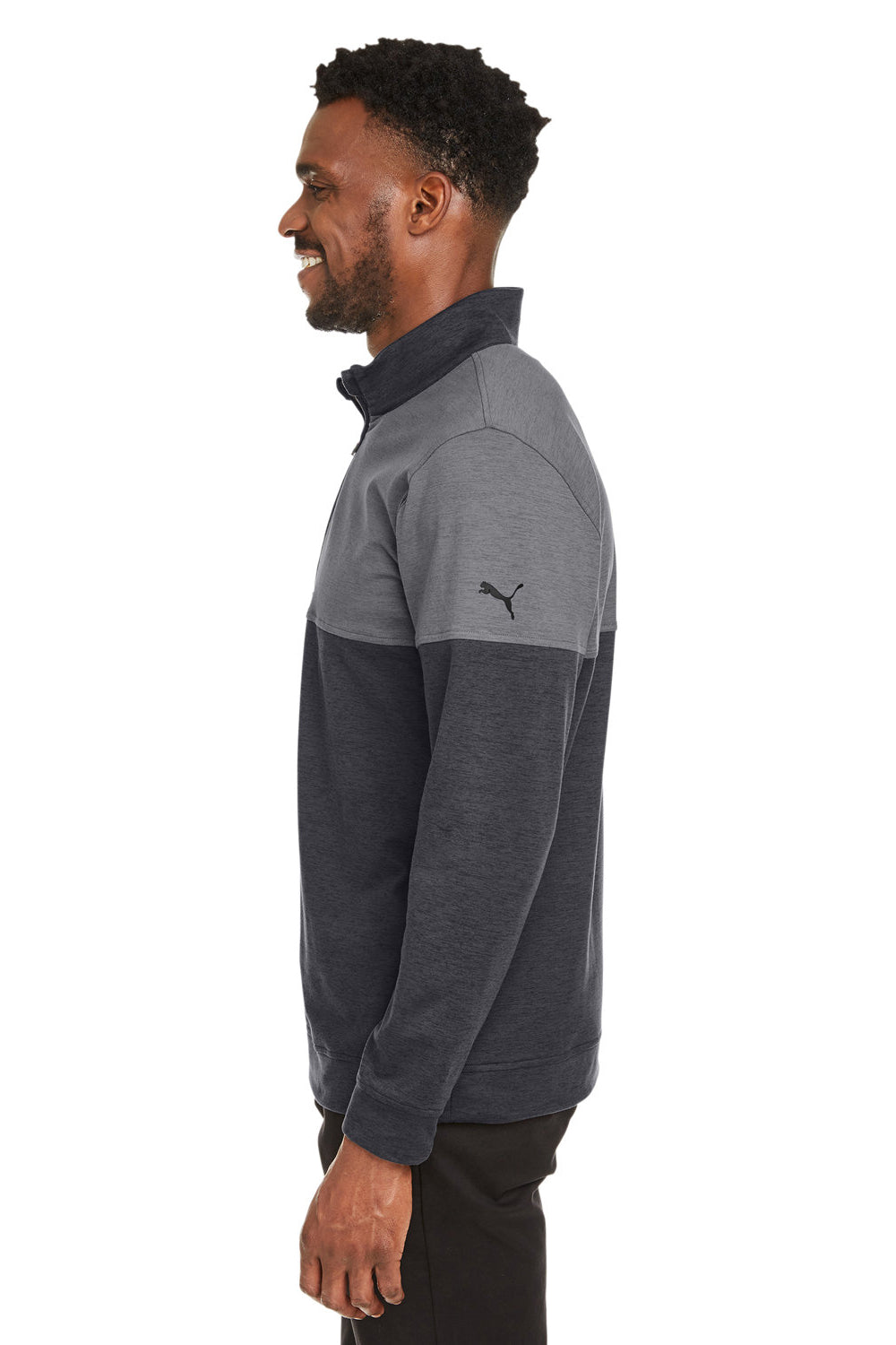 Puma 595803 Mens Cloudspun Moisture Wicking Warm Up 1/4 Zip Sweatshirt Black/Quiet Shade Grey Model Side