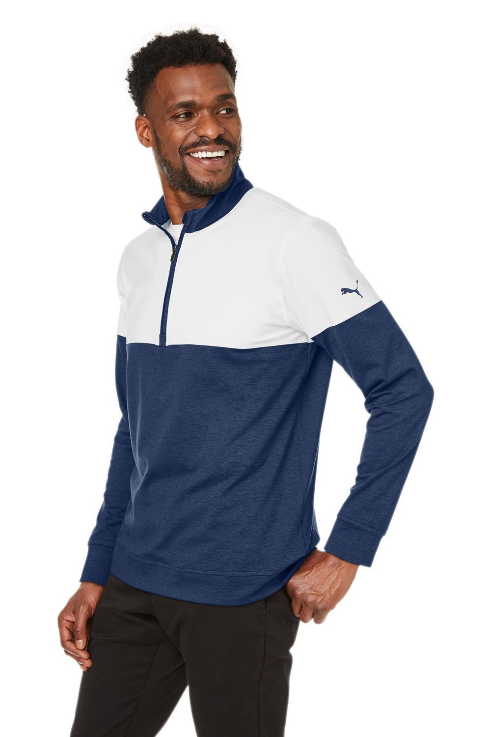 Puma 595803 Mens Cloudspun Moisture Wicking Warm Up 1/4 Zip Sweatshirt Peacoat Blue/White Model 3q