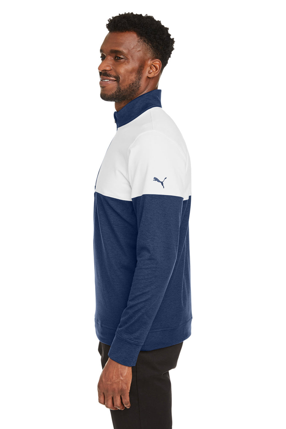 Puma 595803 Mens Cloudspun Moisture Wicking Warm Up 1/4 Zip Sweatshirt Peacoat Blue/White Model Side