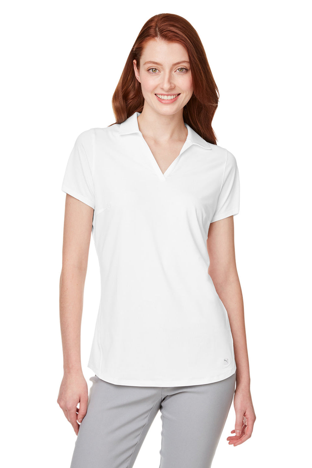 Puma 597695 Womens Cloudspun Free Moisture Wicking Short Sleeve Polo Shirt Bright White Model Front