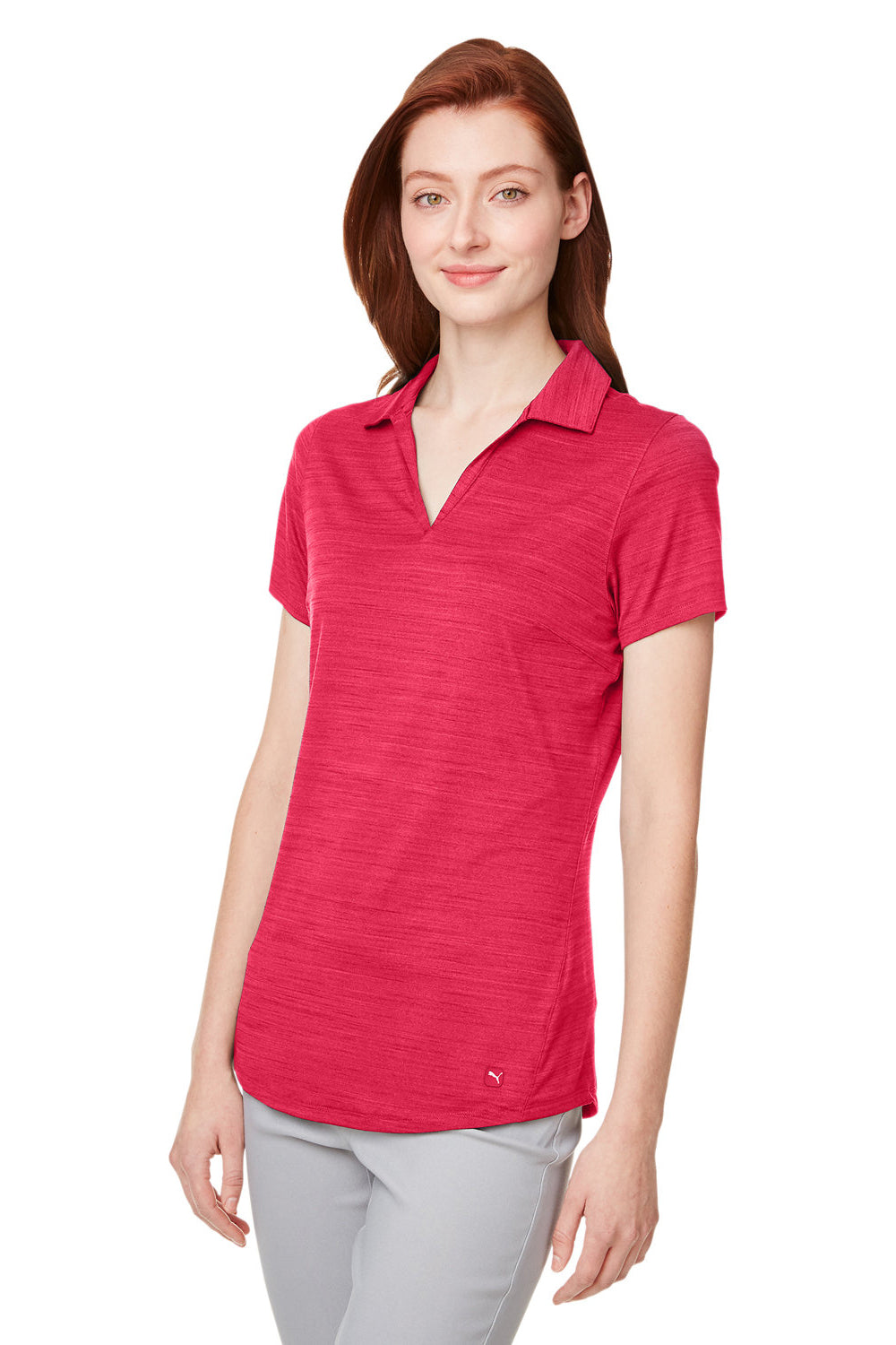 Puma 597695 Womens Cloudspun Free Moisture Wicking Short Sleeve Polo Shirt Heather Teaberry Red Model 3q