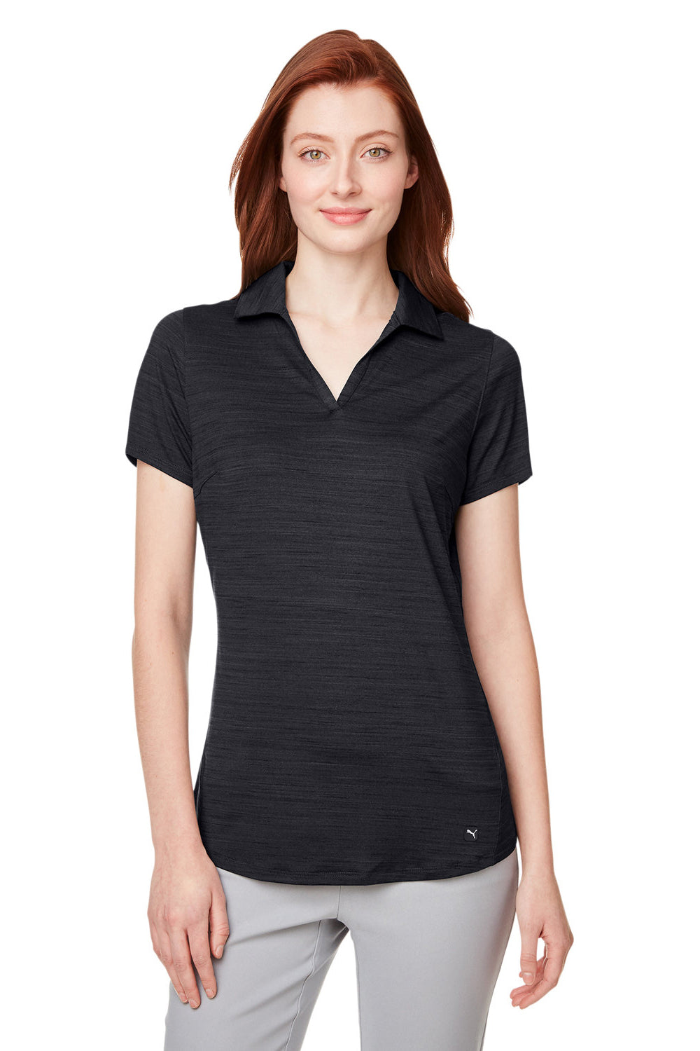 Puma 597695 Womens Cloudspun Free Moisture Wicking Short Sleeve Polo Shirt Heather Black Model Front