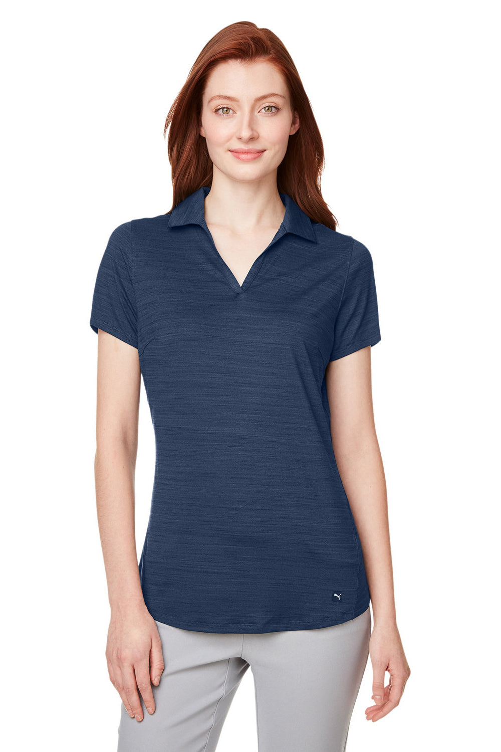 Puma 597695 Womens Cloudspun Free Moisture Wicking Short Sleeve Polo Shirt Heather Navy Blue Model Front