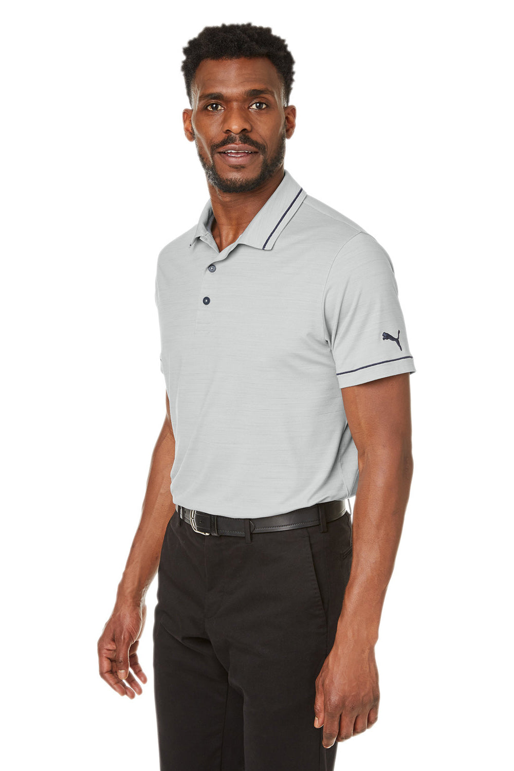 Puma 599117 Mens Cloudspun Monarch Moisture Wicking Short Sleeve Polo Shirt Heather High Rise Grey/Navy Blue Model 3q