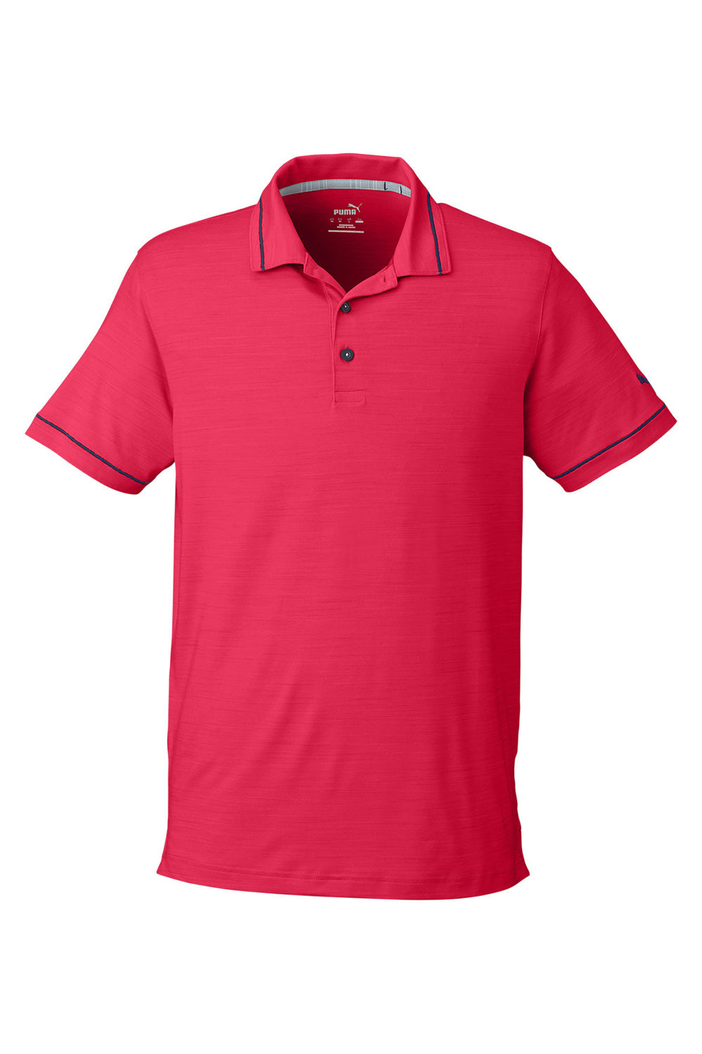 Puma 599117 Mens Cloudspun Monarch Moisture Wicking Short Sleeve Polo Shirt Heather Teaberry Red/Navy Blue Flat Front