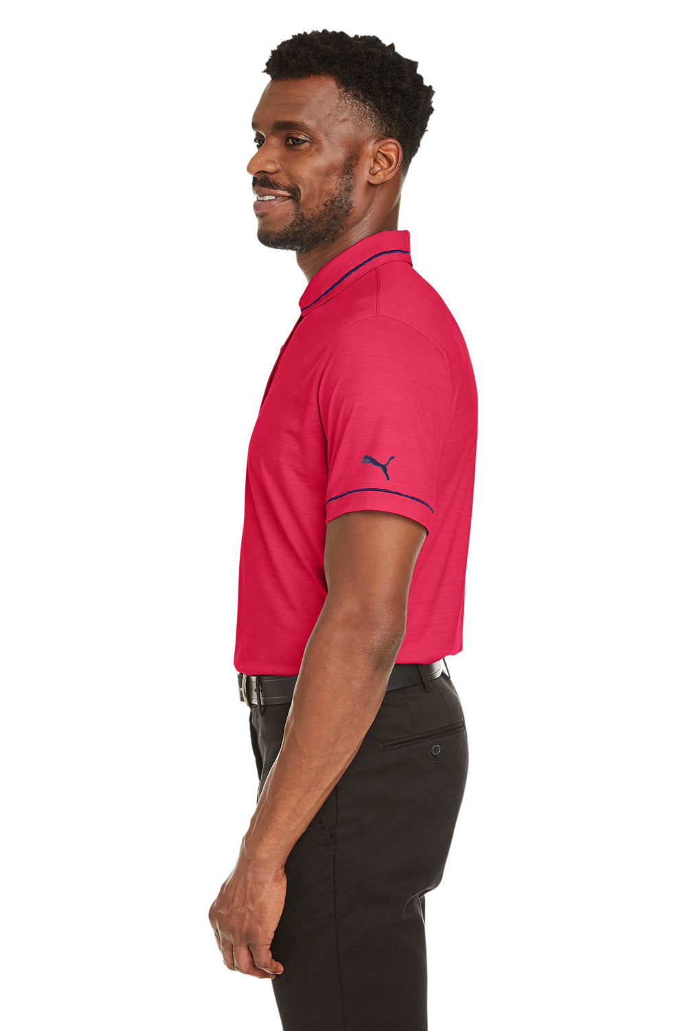 Puma 599117 Mens Cloudspun Monarch Moisture Wicking Short Sleeve Polo Shirt Heather Teaberry Red/Navy Blue Model Side