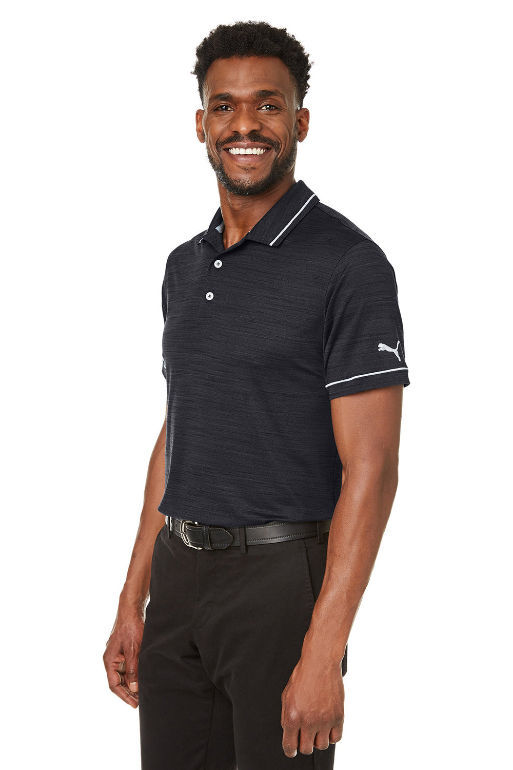 Puma 599117 Mens Cloudspun Monarch Moisture Wicking Short Sleeve Polo Shirt Heather Black/Heather High Rise Grey Model 3q