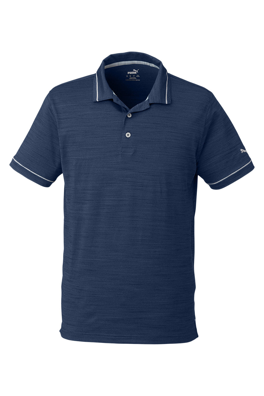 Puma 599117 Mens Cloudspun Monarch Moisture Wicking Short Sleeve Polo Shirt Heather Navy Blue/High Rise Grey Flat Front