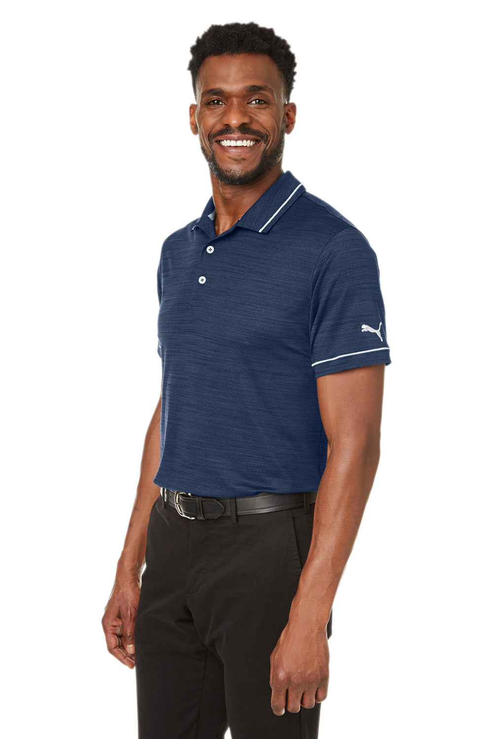 Puma 599117 Mens Cloudspun Monarch Moisture Wicking Short Sleeve Polo Shirt Heather Navy Blue/High Rise Grey Model 3q