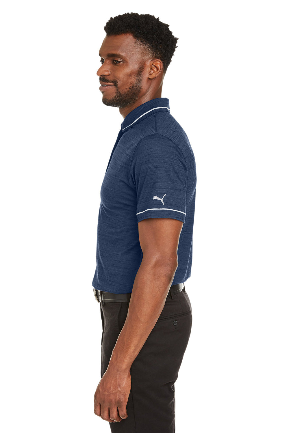 Puma 599117 Mens Cloudspun Monarch Moisture Wicking Short Sleeve Polo Shirt Heather Navy Blue/High Rise Grey Model Side