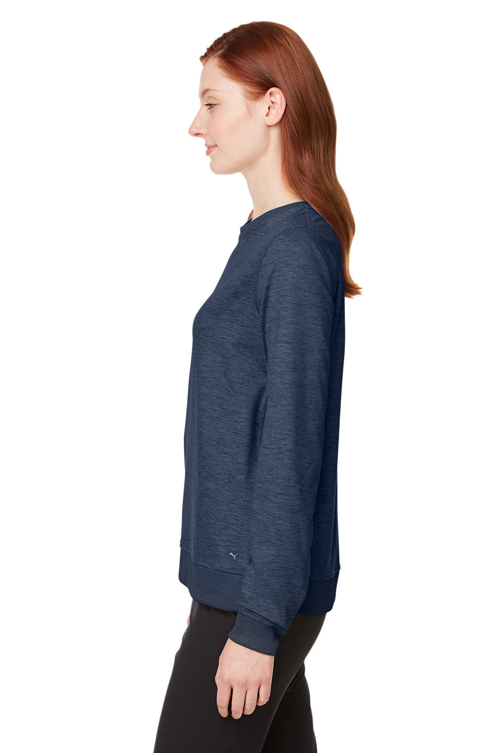 Puma 599267 Womens Cloudspun Moisture Wicking Crewneck Sweatshirt Heather Navy Blue Model Side