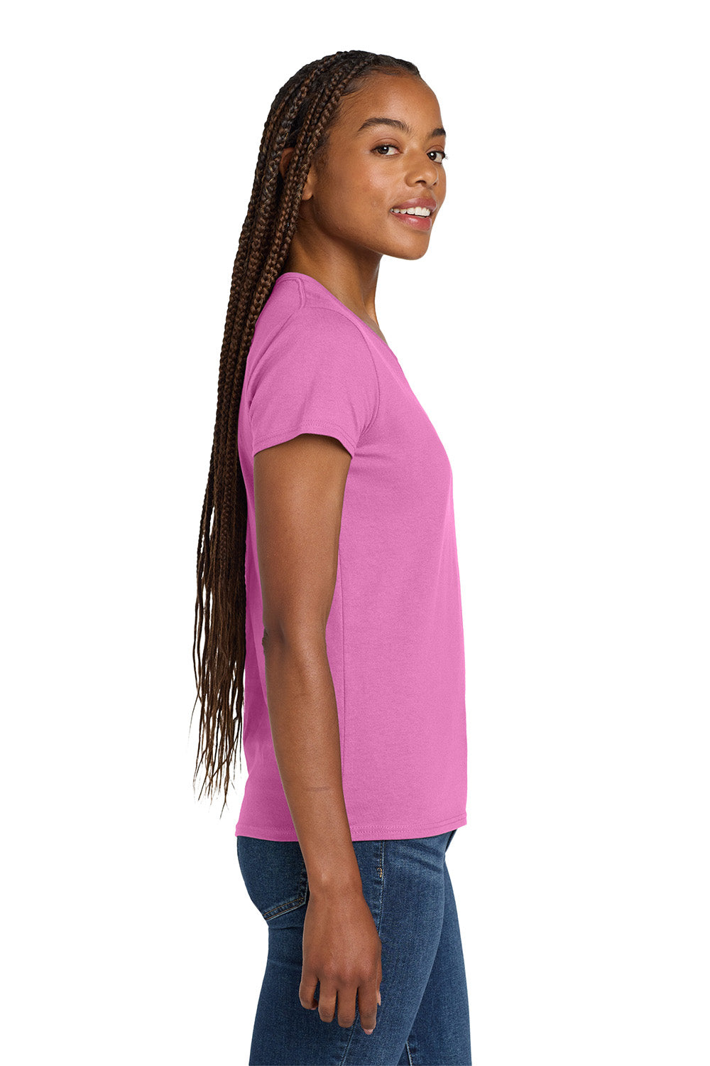 Gildan 5V00L/G500VL Womens Short Sleeve V-Neck T-Shirt Azalea Pink Model Side