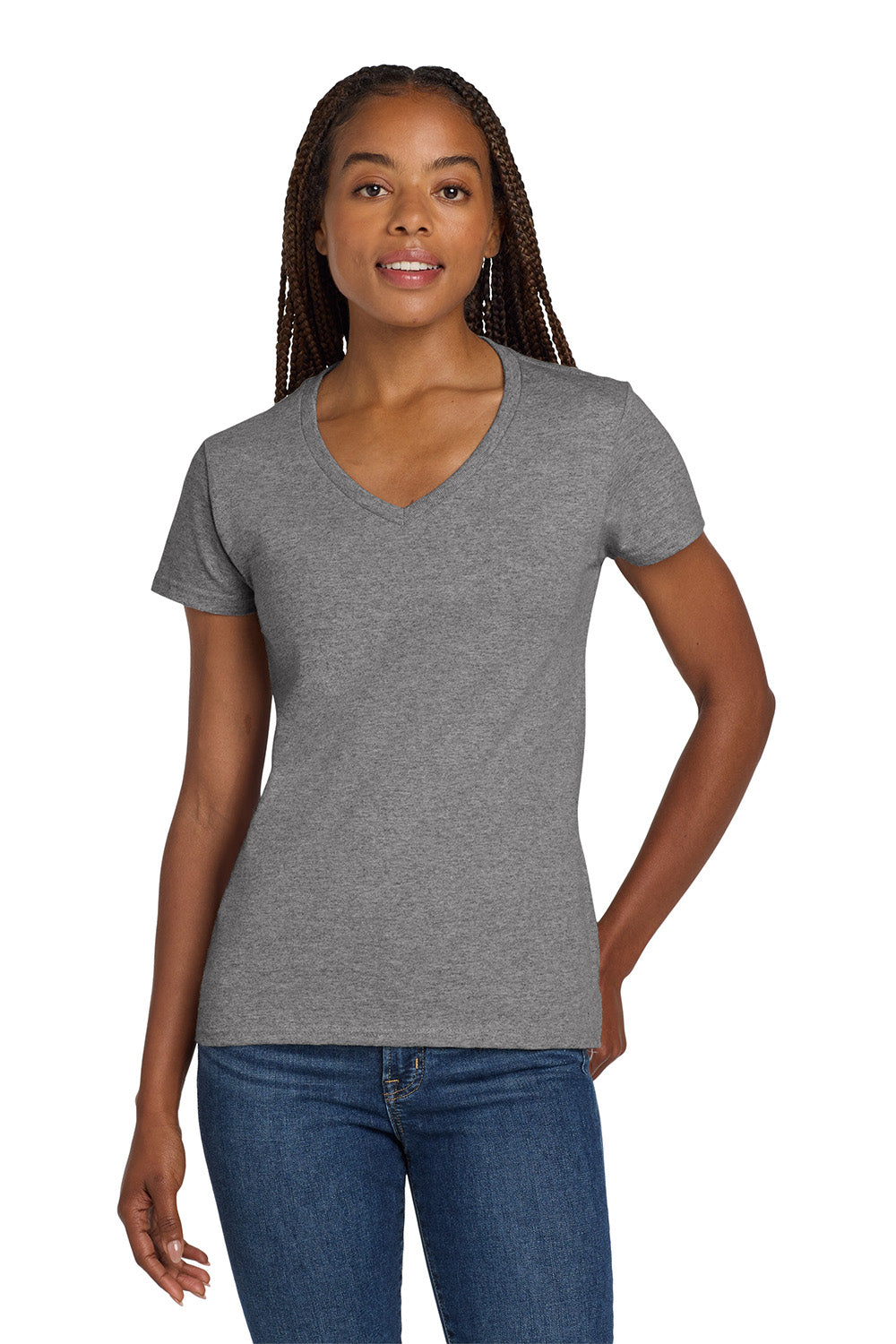 Gildan 5V00L/G500VL Womens Short Sleeve V-Neck T-Shirt Heather Graphite Grey Model Front