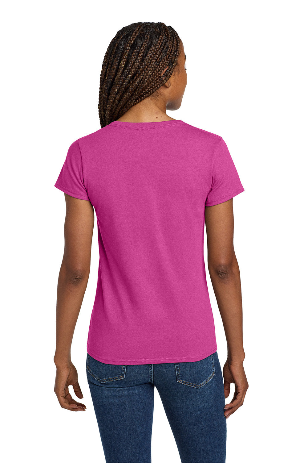 Gildan 5V00L/G500VL Womens Short Sleeve V-Neck T-Shirt Heliconia Pink Model Back