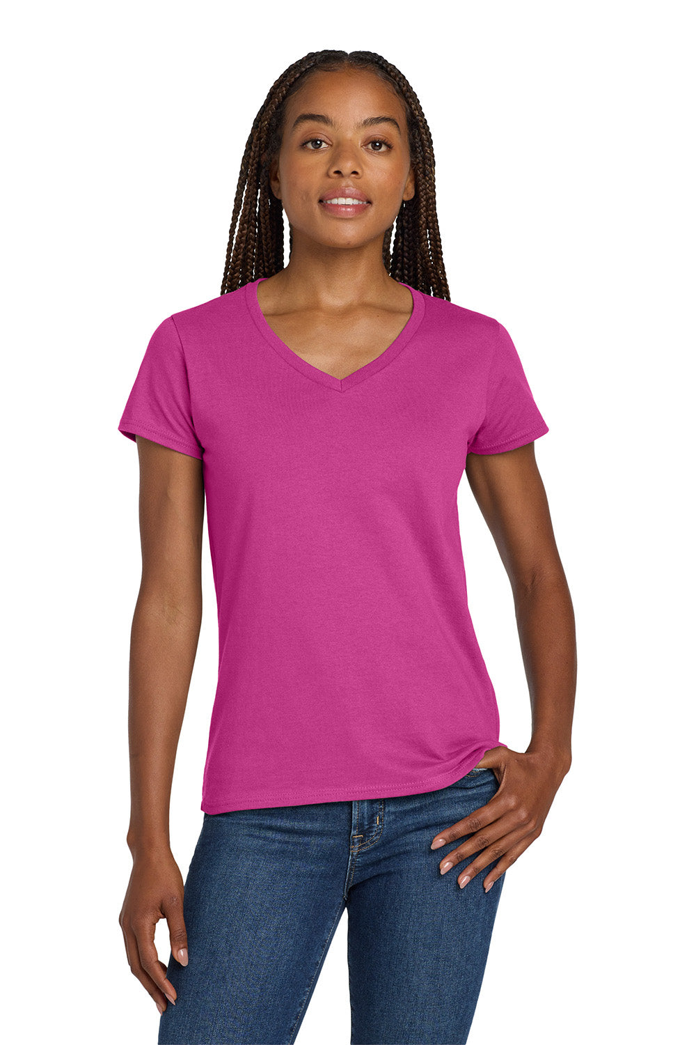 Gildan 5V00L/G500VL Womens Short Sleeve V-Neck T-Shirt Heliconia Pink Model Front