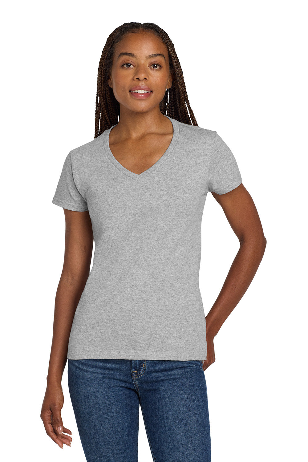 Gildan 5V00L/G500VL Womens Short Sleeve V-Neck T-Shirt Sport Grey Model Front