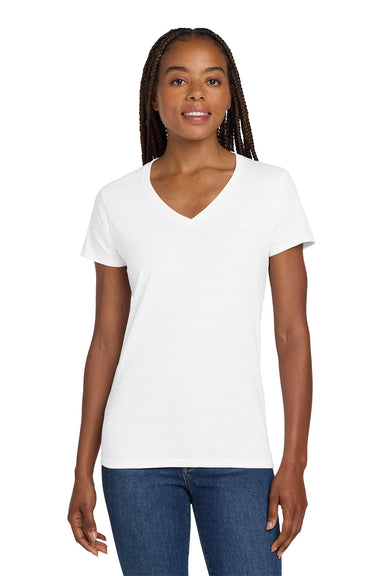 Gildan 5V00L/G500VL Womens Short Sleeve V-Neck T-Shirt White Model Front