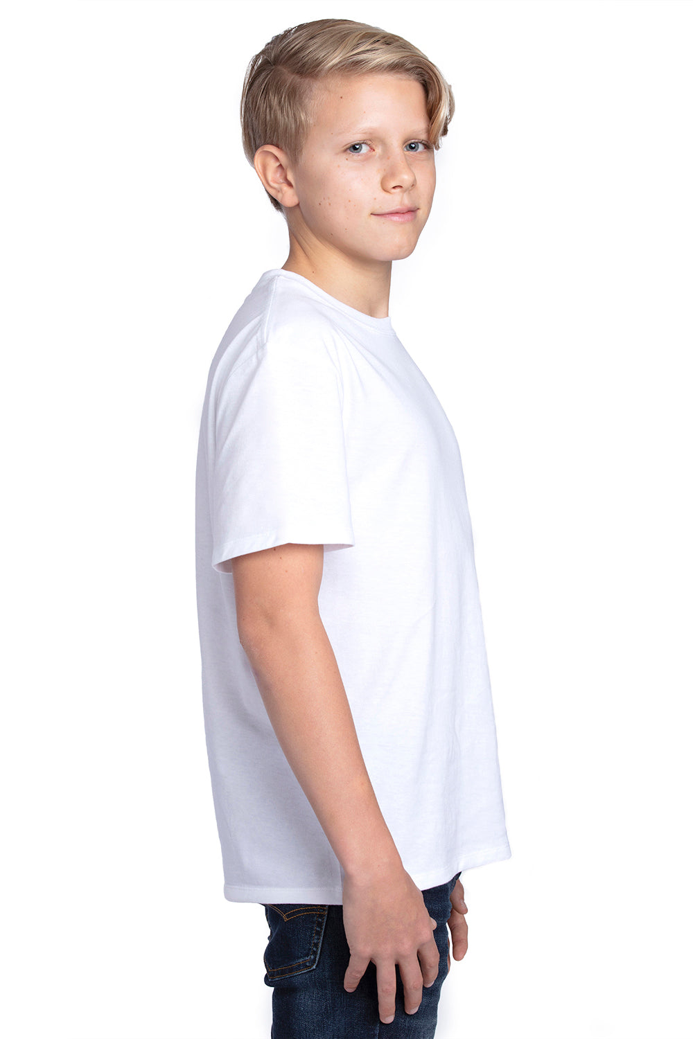 Threadfast Apparel 600A Youth Ultimate Short Sleeve Crewneck T-Shirt White Model Side