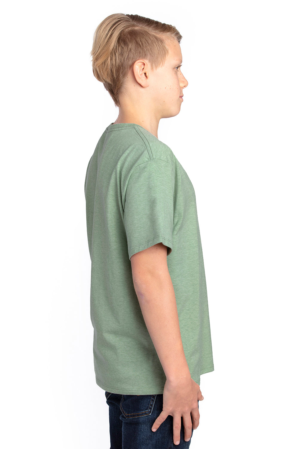 Threadfast Apparel 600A Youth Ultimate Short Sleeve Crewneck T-Shirt Heather Army Green Model Side