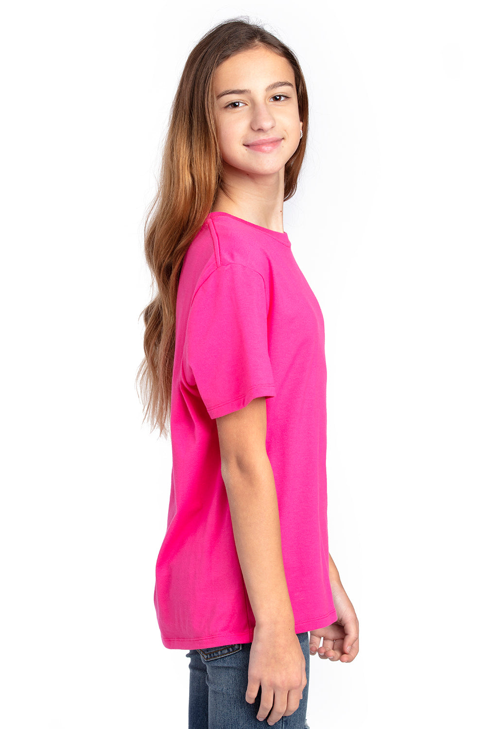 Threadfast Apparel 600A Youth Ultimate Short Sleeve Crewneck T-Shirt Hot Pink Model Side