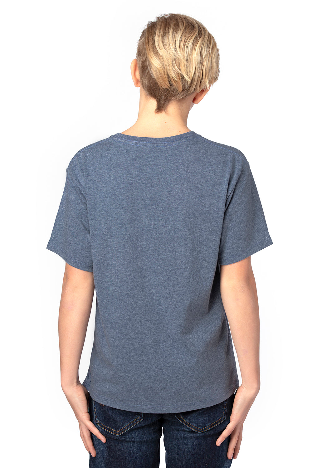 Threadfast Apparel 600A Youth Ultimate Short Sleeve Crewneck T-Shirt Heather Navy Blue Model Back