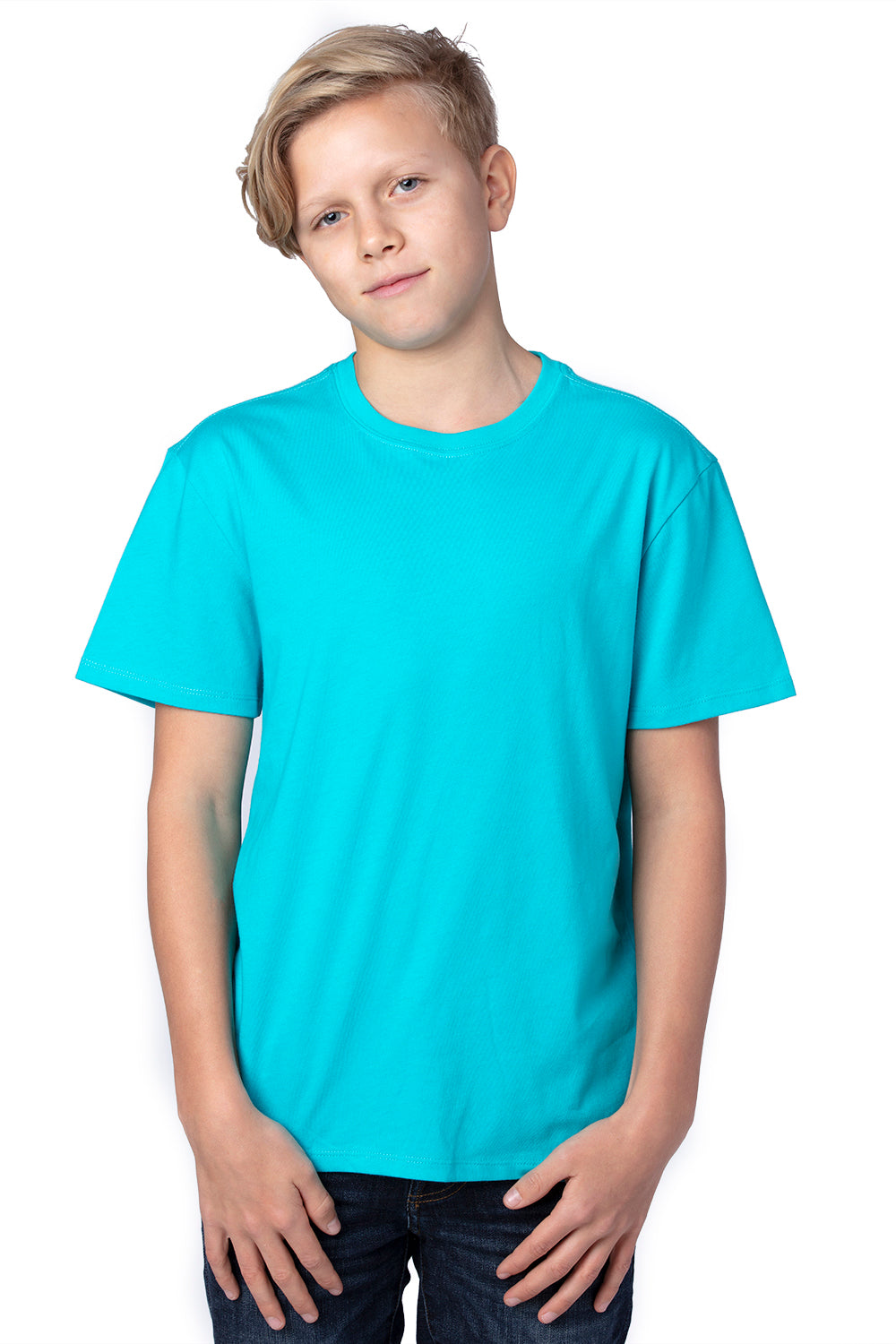 Threadfast Apparel 600A Youth Ultimate Short Sleeve Crewneck T-Shirt Pacific Blue Model Front