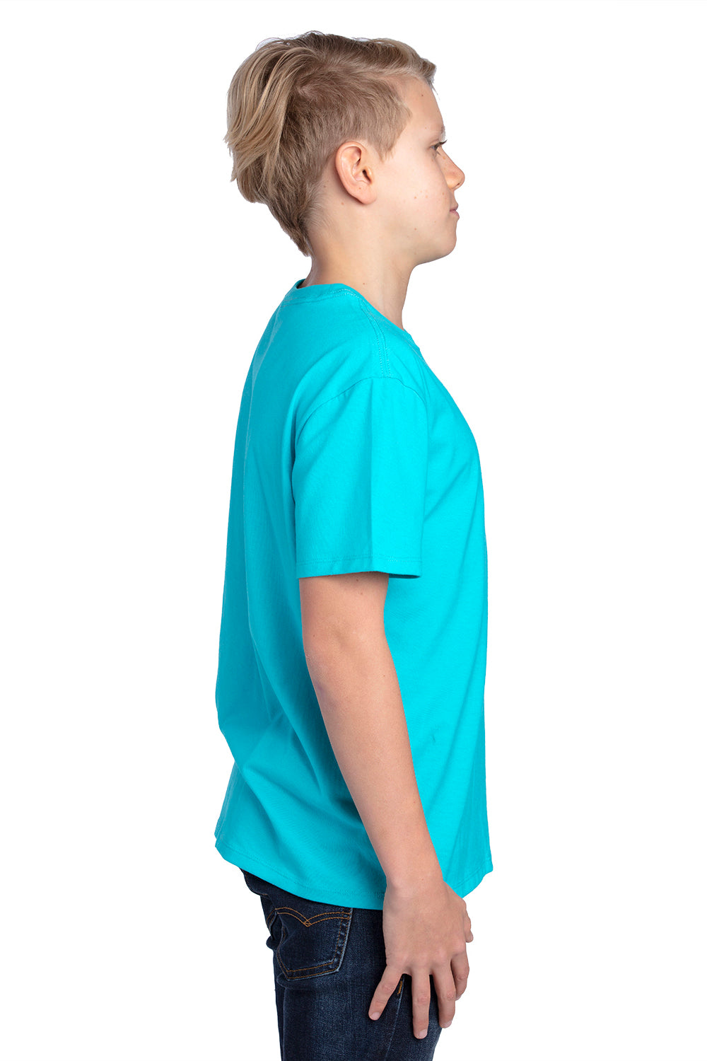 Threadfast Apparel 600A Youth Ultimate Short Sleeve Crewneck T-Shirt Pacific Blue Model Side