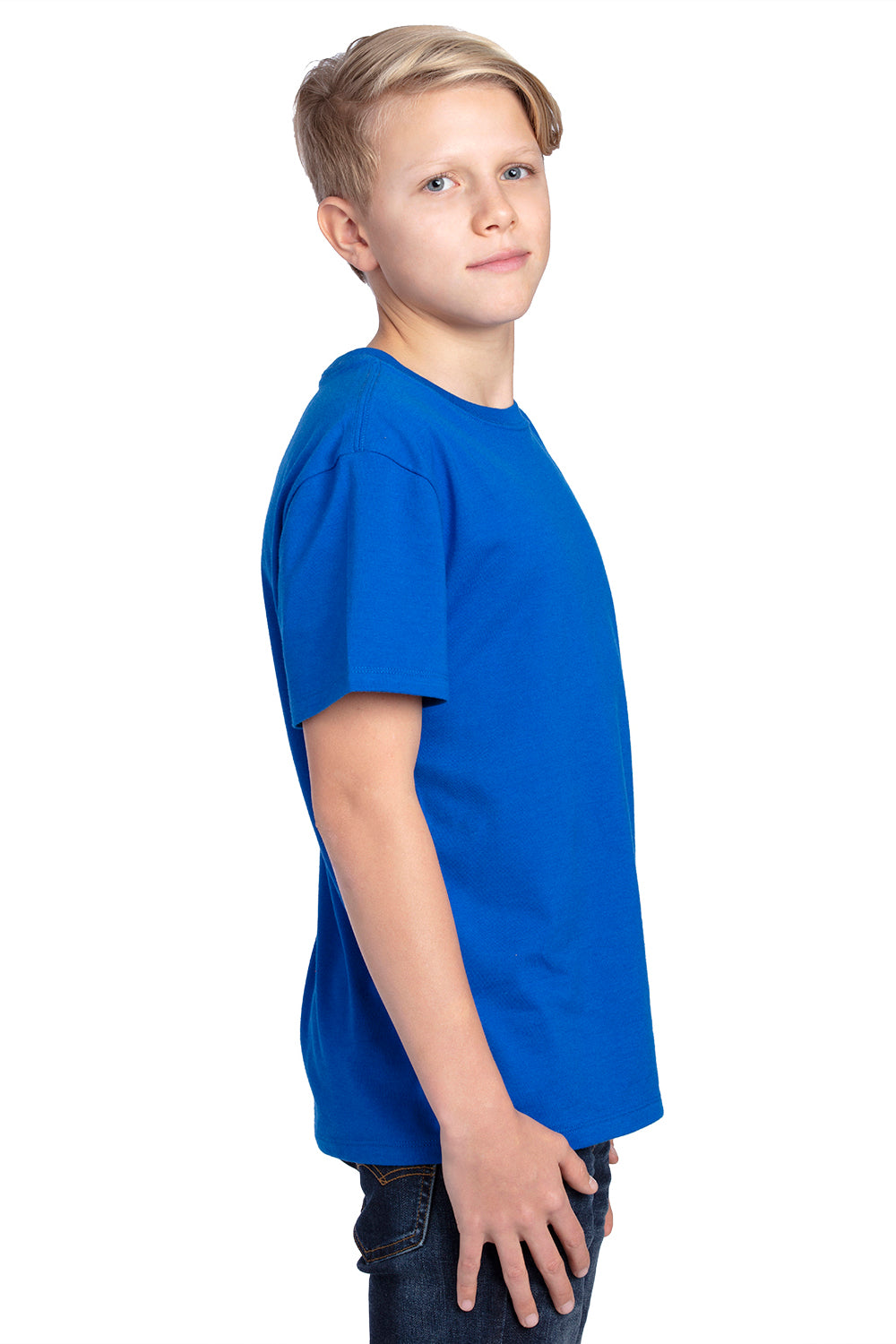 Threadfast Apparel 600A Youth Ultimate Short Sleeve Crewneck T-Shirt Royal Blue Model Side