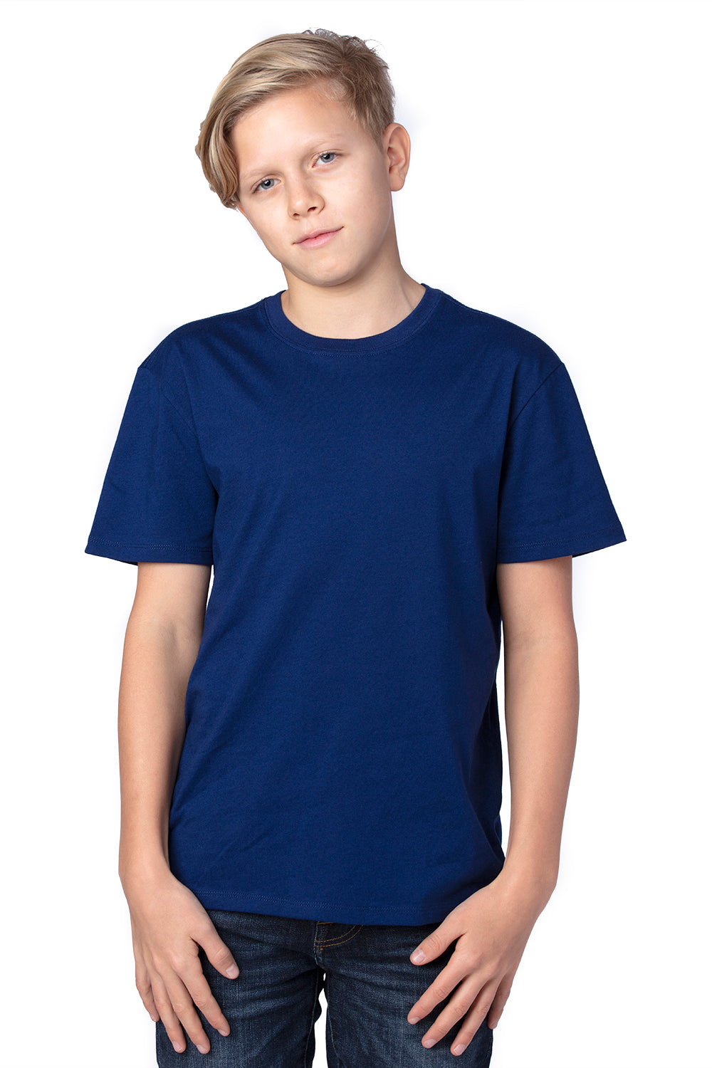 Threadfast Apparel 600A Youth Ultimate Short Sleeve Crewneck T-Shirt Navy Blue Model Front