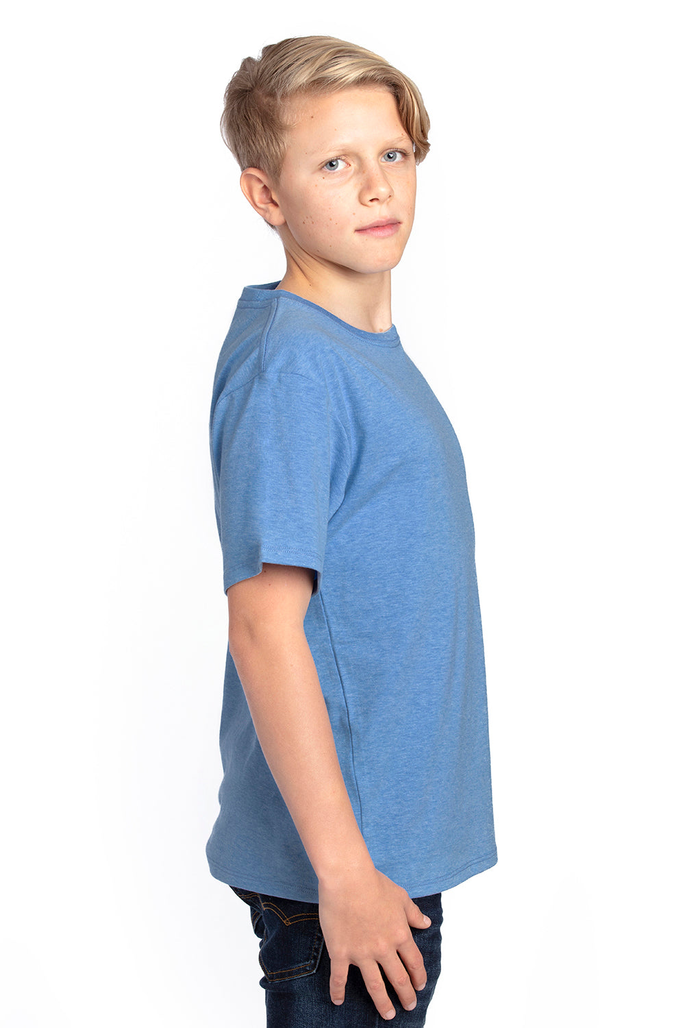 Threadfast Apparel 600A Youth Ultimate Short Sleeve Crewneck T-Shirt Heather Royal Blue Model Side