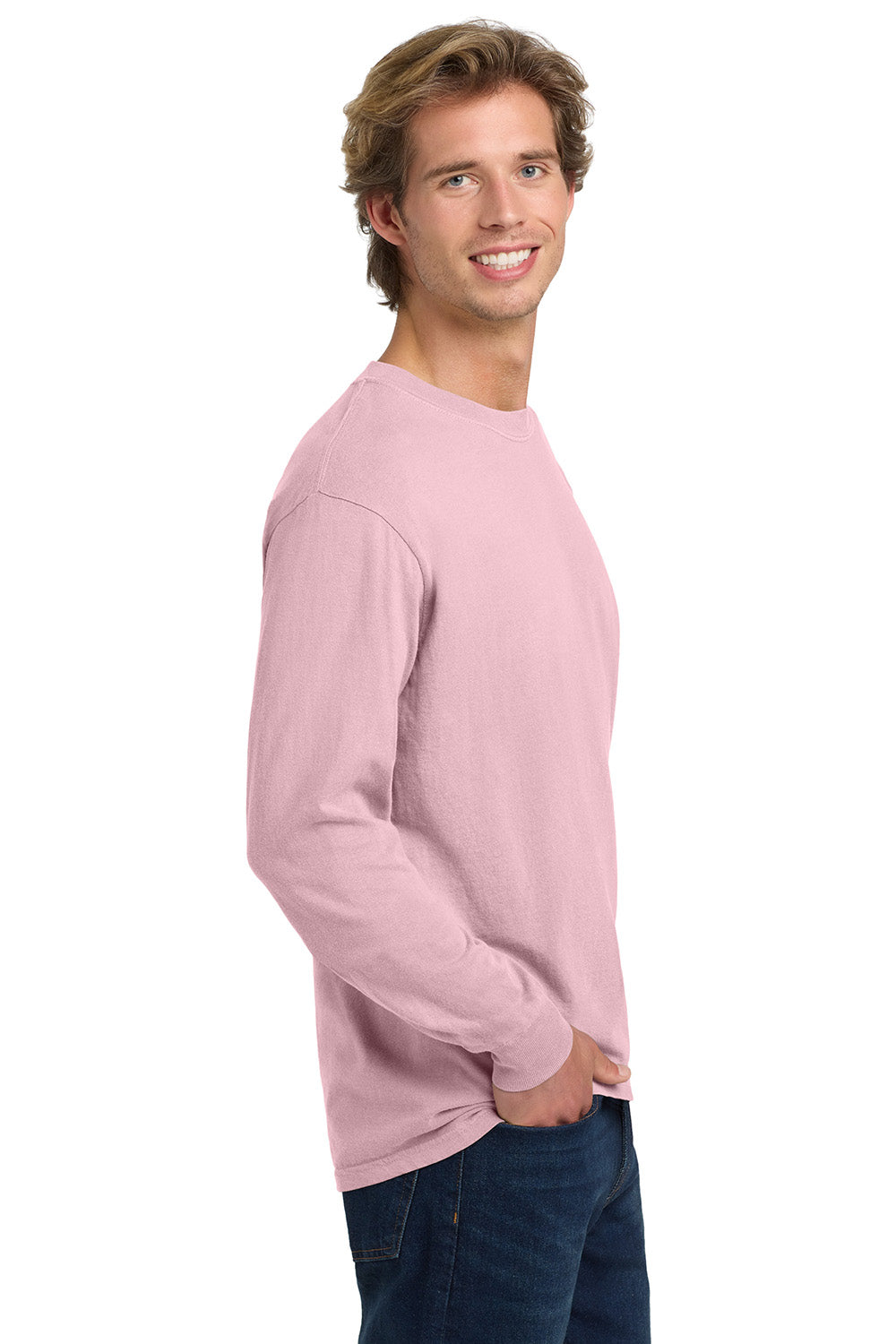 Comfort Colors 6014/C6014 Mens Long Sleeve Crewneck T-Shirt Blossom Pink Model Side