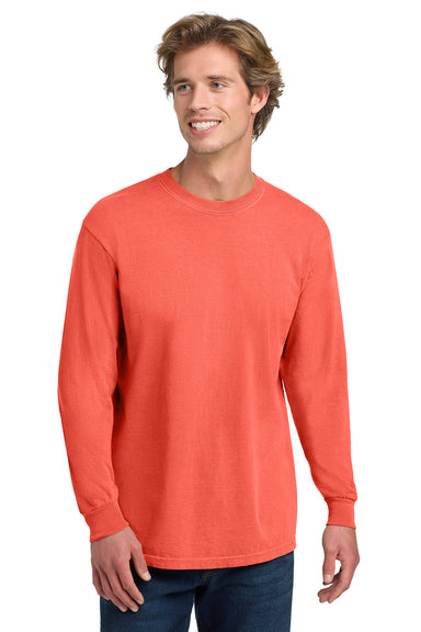 Comfort Colors 6014/C6014 Mens Long Sleeve Crewneck T-Shirt Bright Salmon Orange Model Front