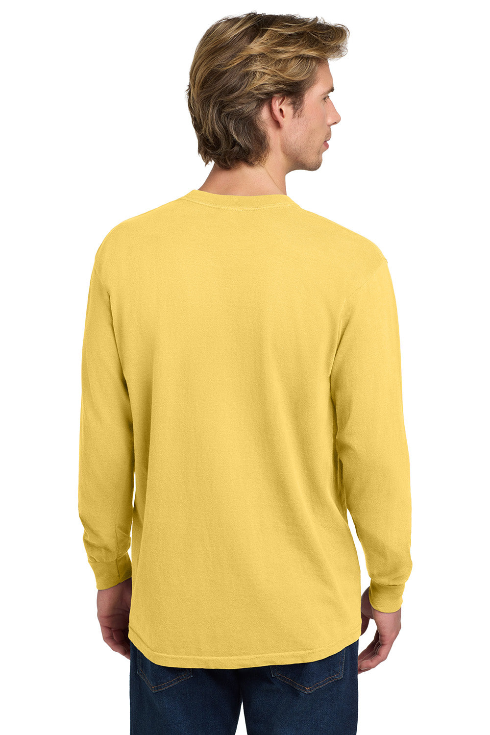 Comfort Colors 6014/C6014 Mens Long Sleeve Crewneck T-Shirt Butter Yellow Model Back