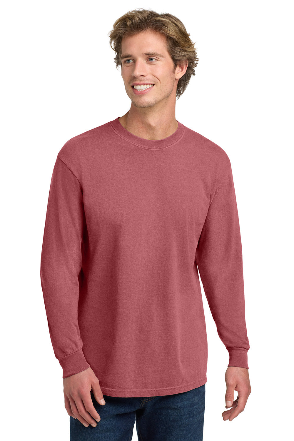 Comfort Colors 6014/C6014 Mens Long Sleeve Crewneck T-Shirt Crimson Red Model Front